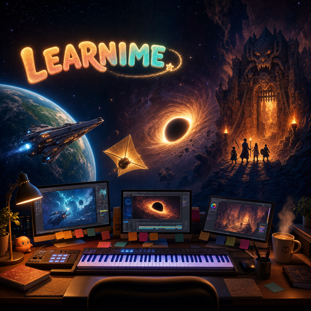 A cozy home desk opening into three universes: a spaceship near an exoplanet, a light-sail near a black hole, and a fantasy dungeon gate