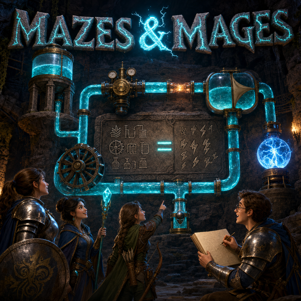 An adventuring party of knight, mage, ranger and scholar pausing at the glowing entrance of a vast dungeon