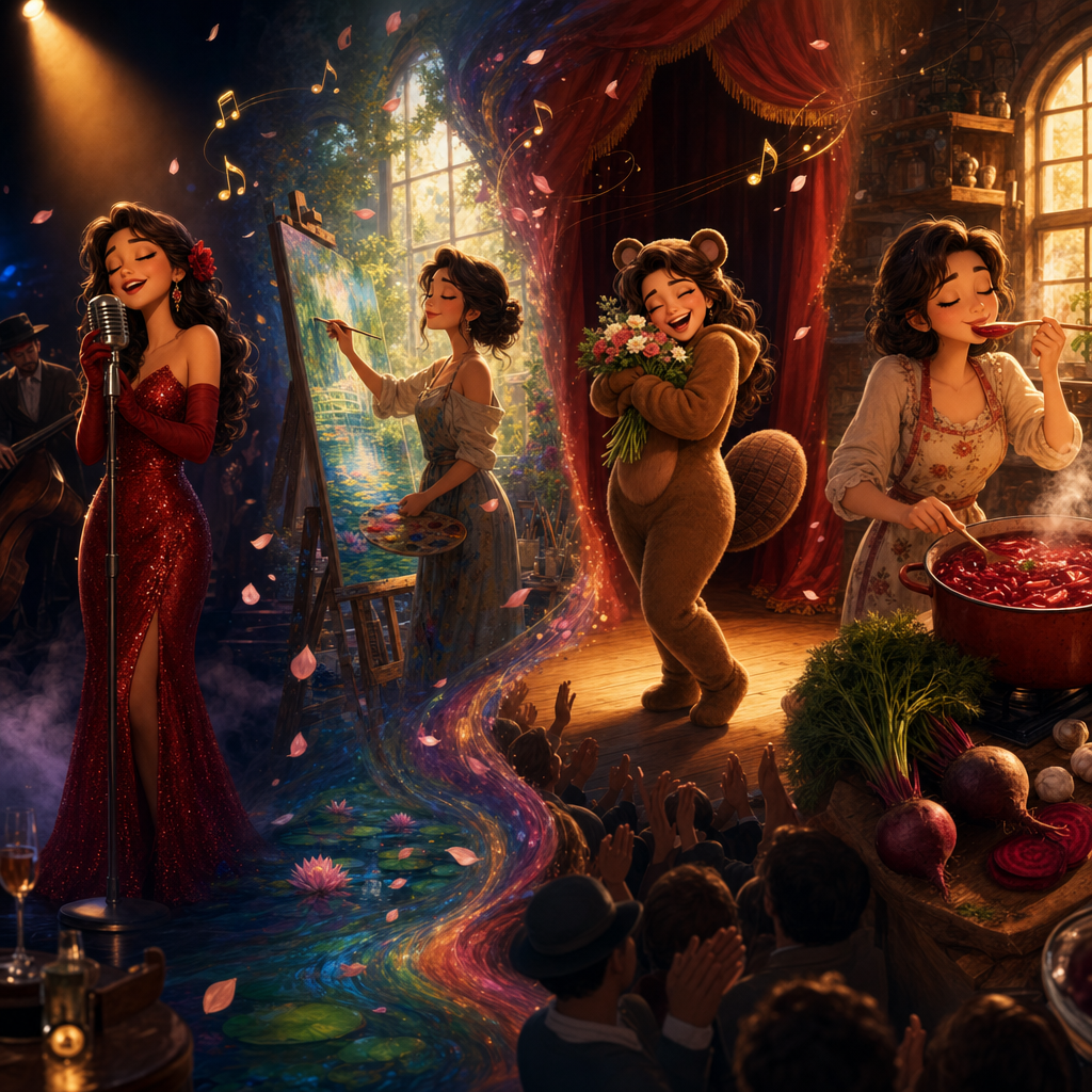 Madie surrounded by four glowing streams representing her four arts: a violin, a paintbrush, a pen and a stage light