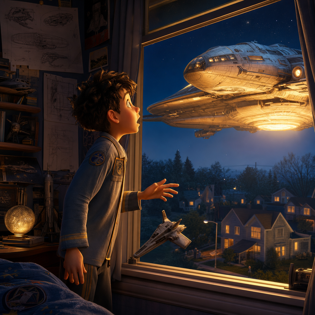 An anime scene held up next to real astronomy photographs and open textbooks, threads of light connecting fiction to fact