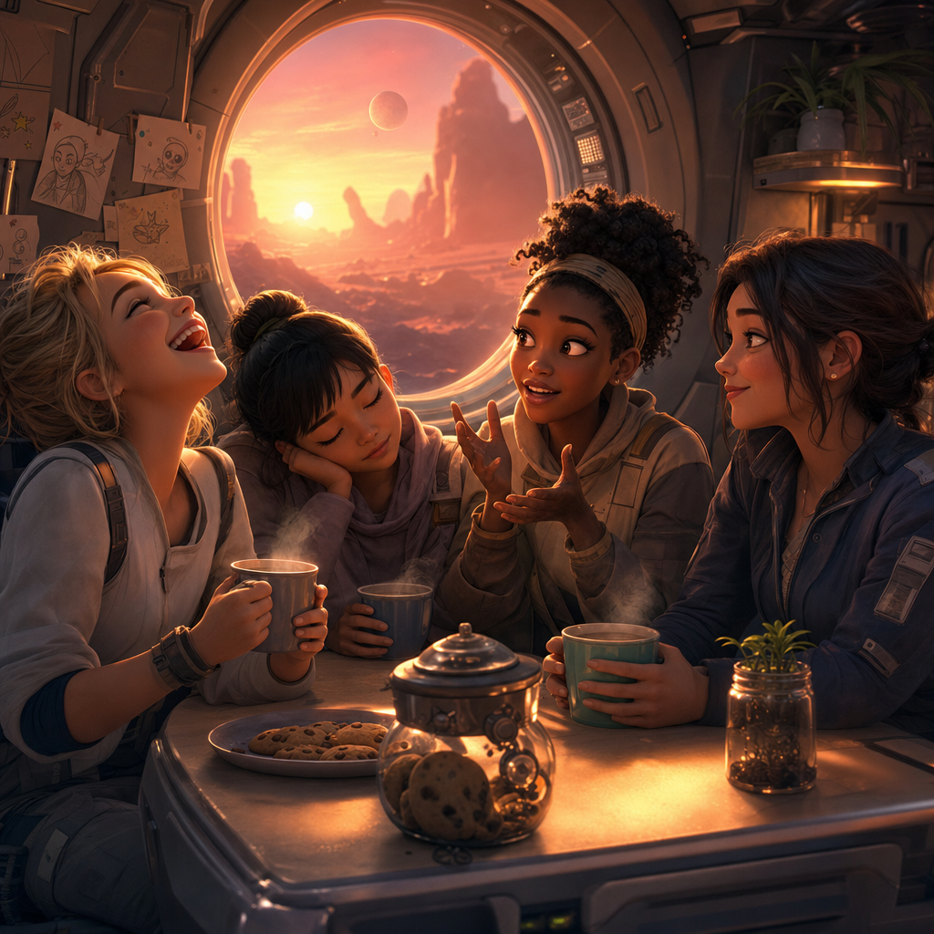 The crew laughing together over steaming mugs in a small cozy starship galley at alien sunrise