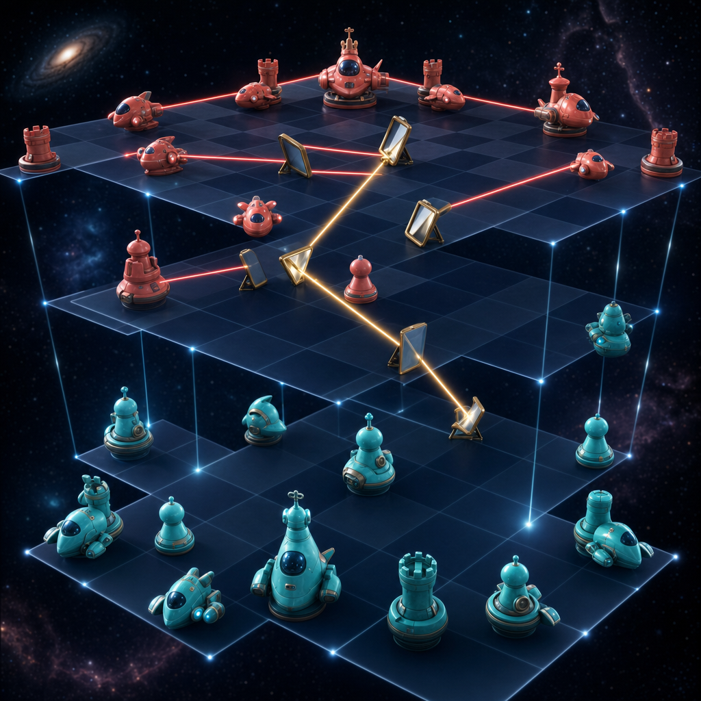 Two small fleets arranged like chess pieces on invisible stacked planes, laser beams bouncing off mirror panels