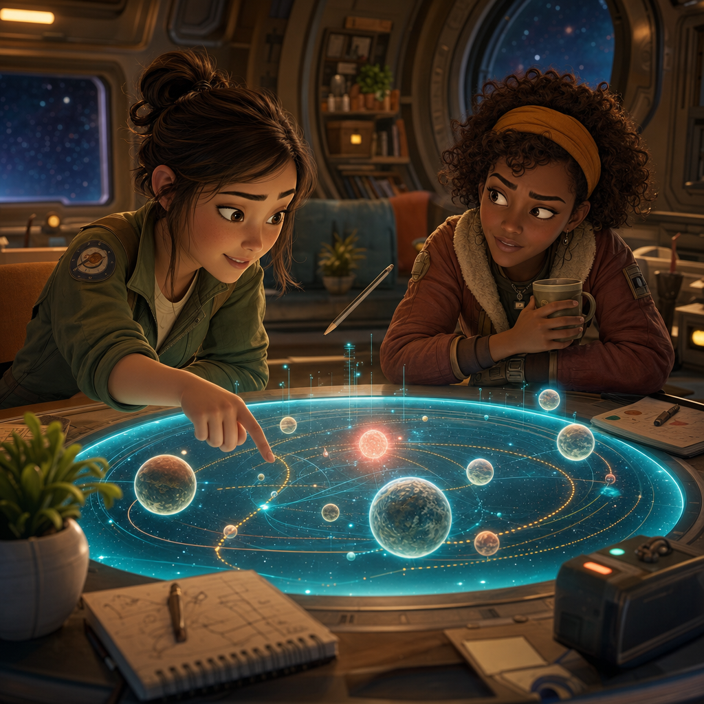 Two crew members debating over a glowing 3D holographic star map in a cozy planning room