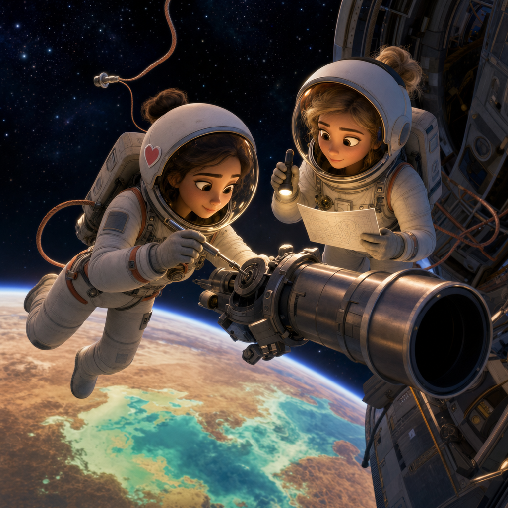 Two astronauts in cute rounded spacesuits carefully repairing a space telescope above an alien planet