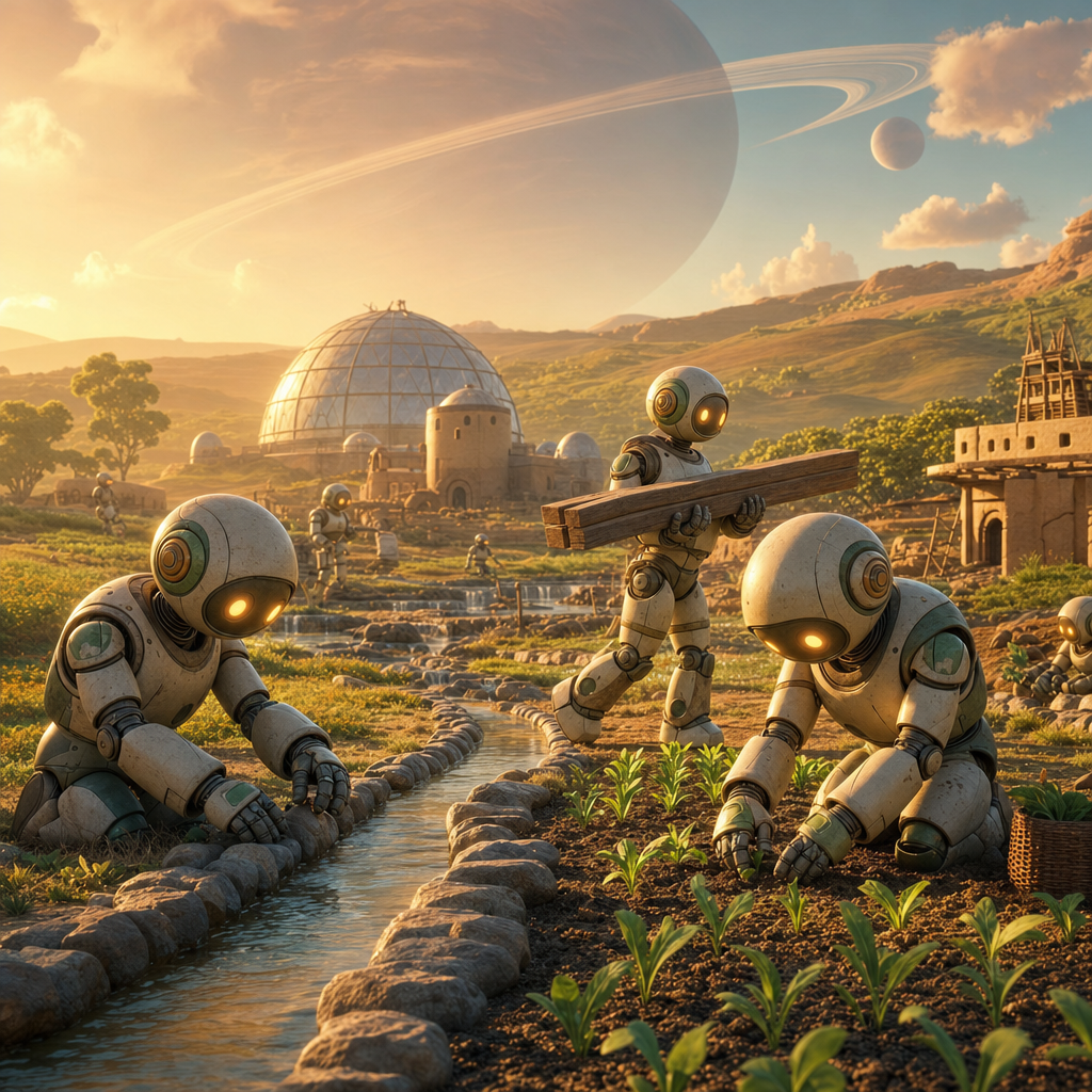 Kind rounded robots planting seedlings and building small houses on a green alien world at sunrise