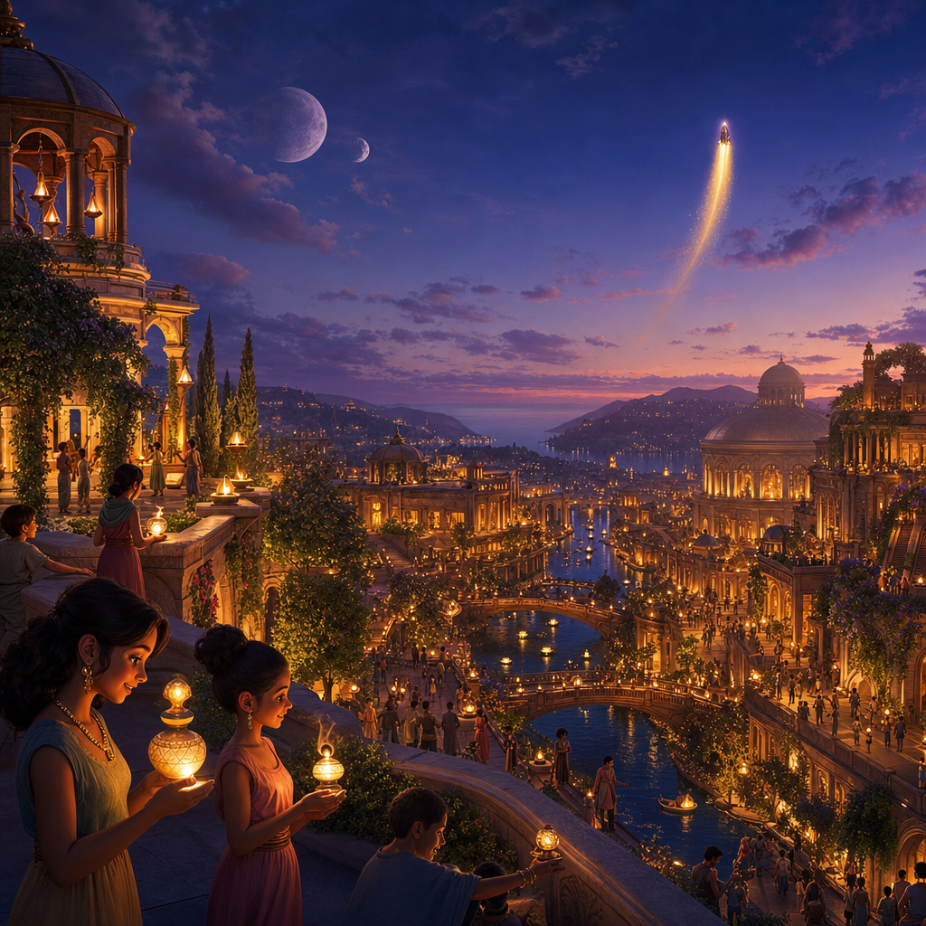 A thriving lamp-lit ancient city at dusk while a small glowing vessel rises quietly into the evening sky