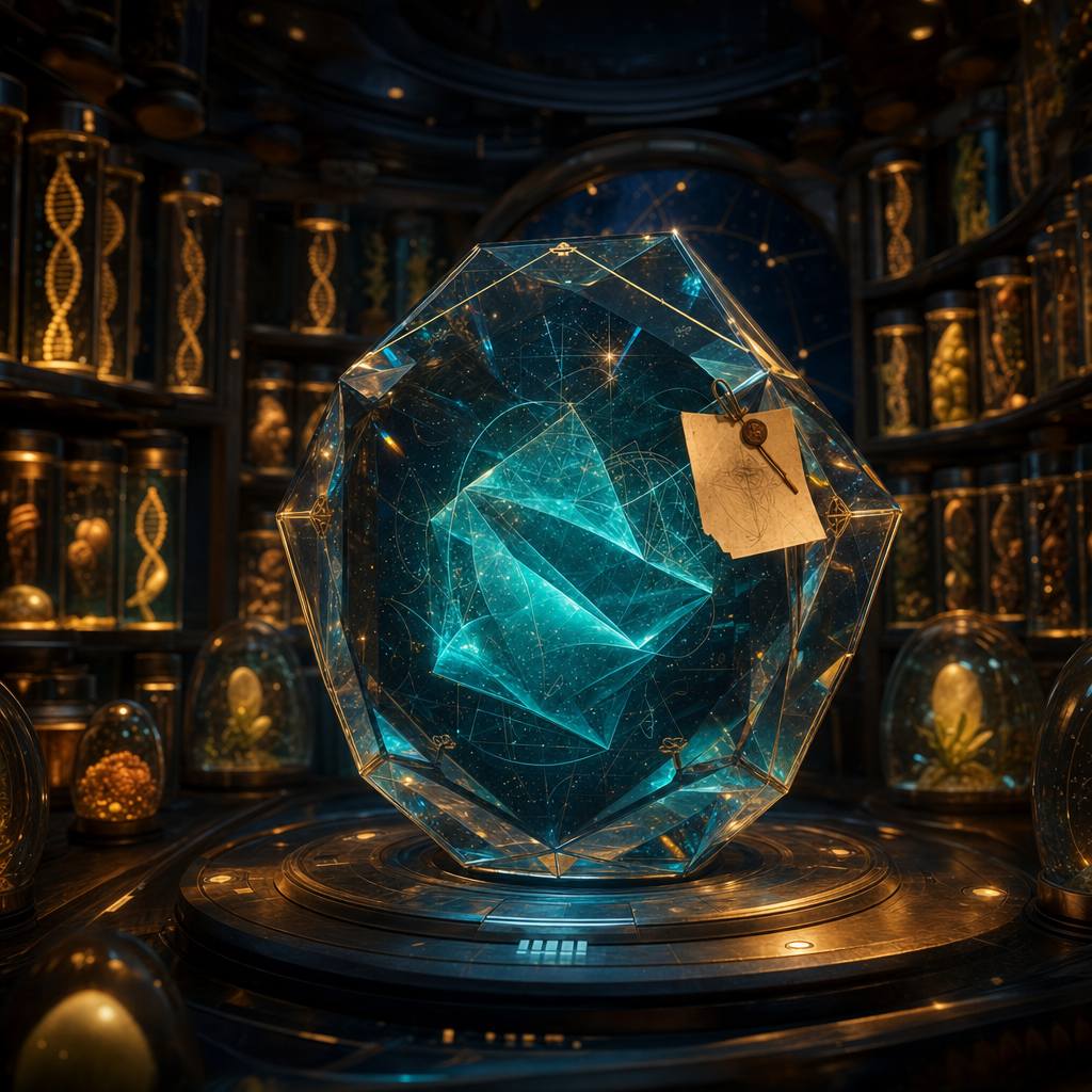 A sealed crystal chamber holding an abstract intelligence of folded turquoise light, with a handwritten note attached