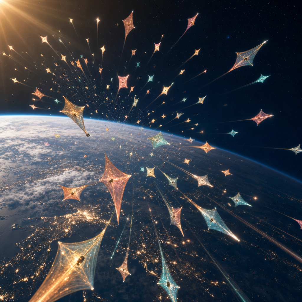 Thousands of tiny shimmering light-sail probes launching from Earth orbit like luminous butterflies