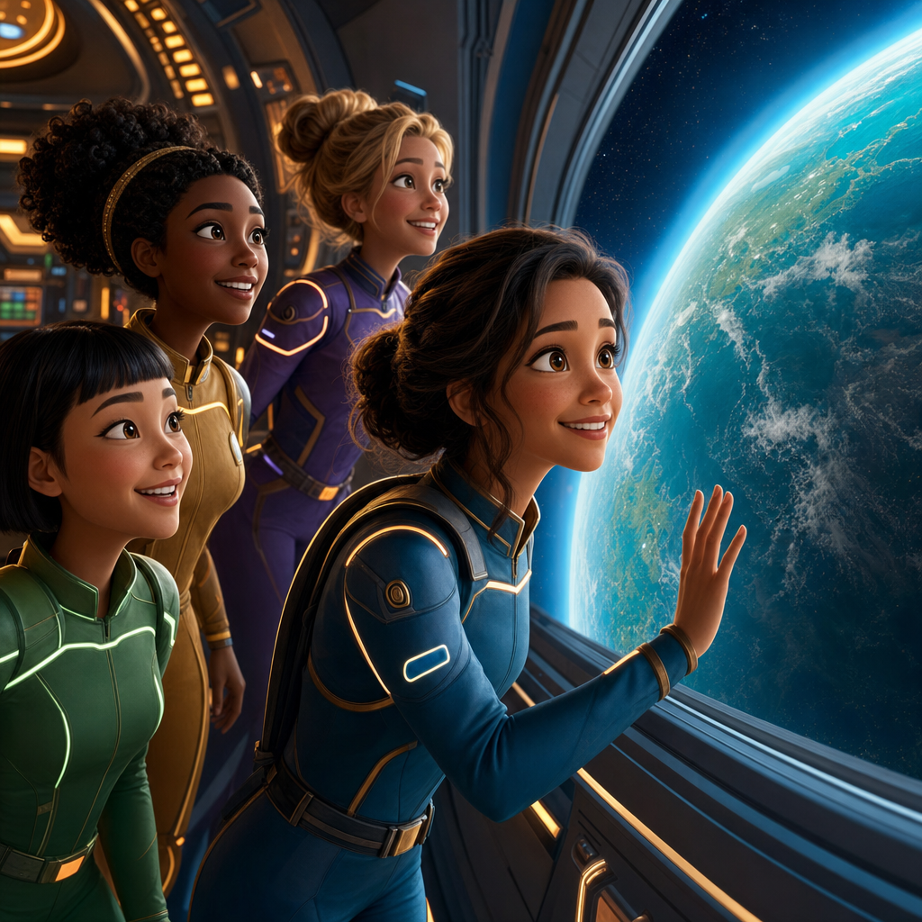 Four young women crew members at a starship window above a blue-green exoplanet