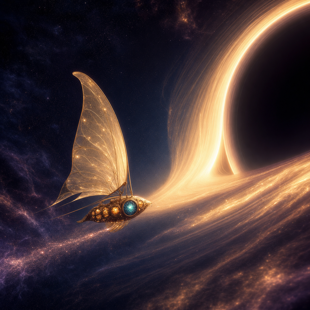 A tiny golden light-sail spacecraft near the glowing edge of a black hole