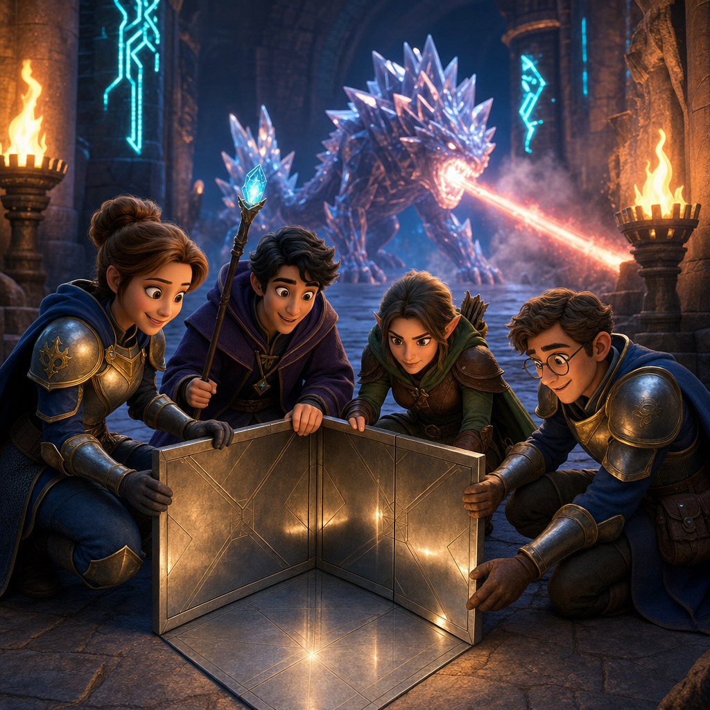 A fantasy party assembling three metallic tiles into a corner reflector while a monster charges a laser