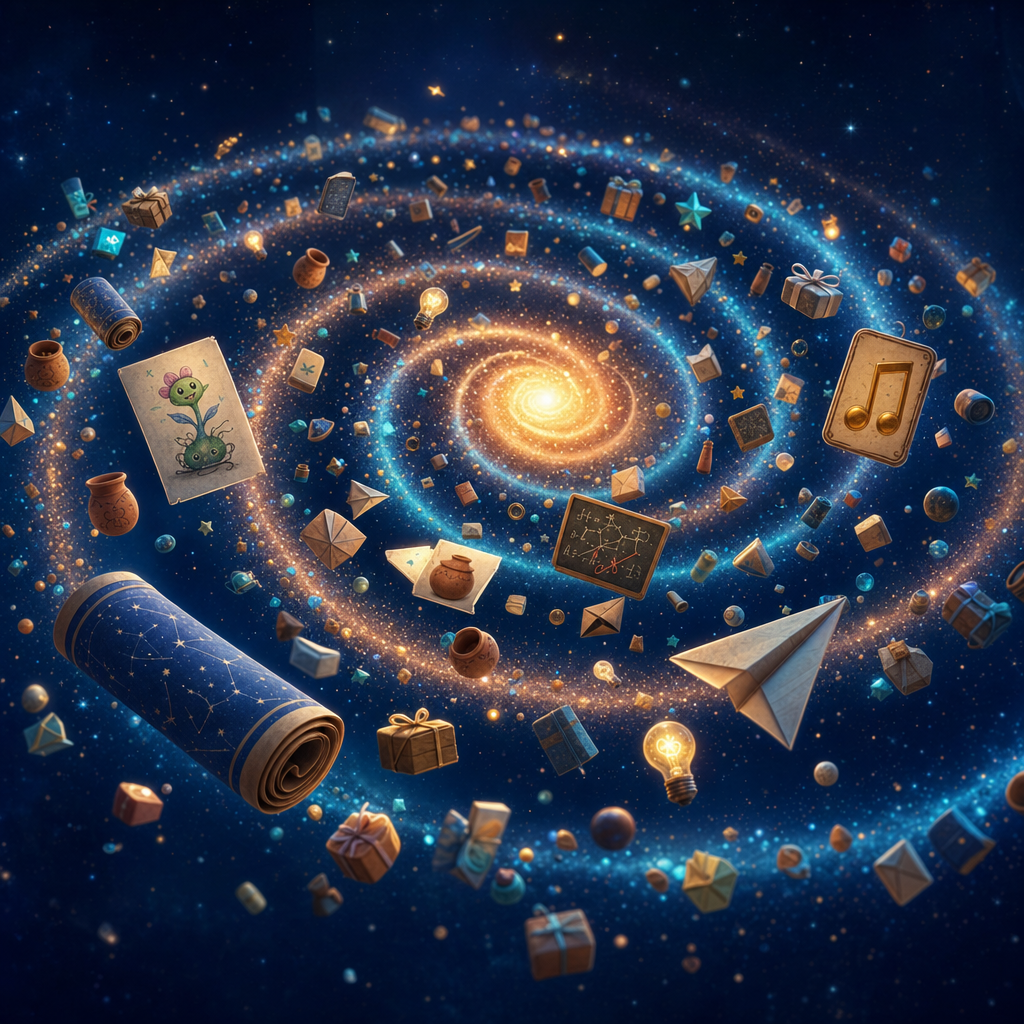 Tiny floating gifts — drawings, star charts, musical notes — forming a spiral galaxy together