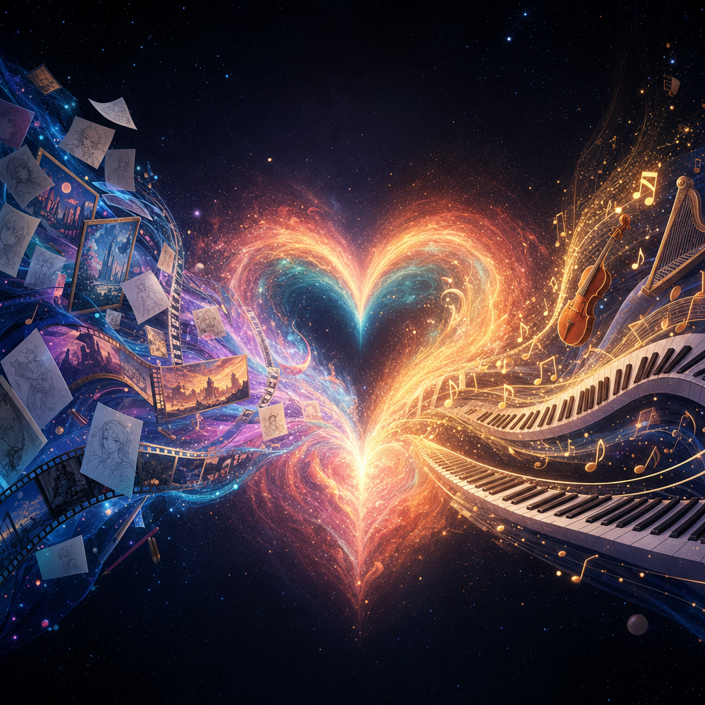 A river of art and a river of music meeting as a glowing heart-shaped nebula