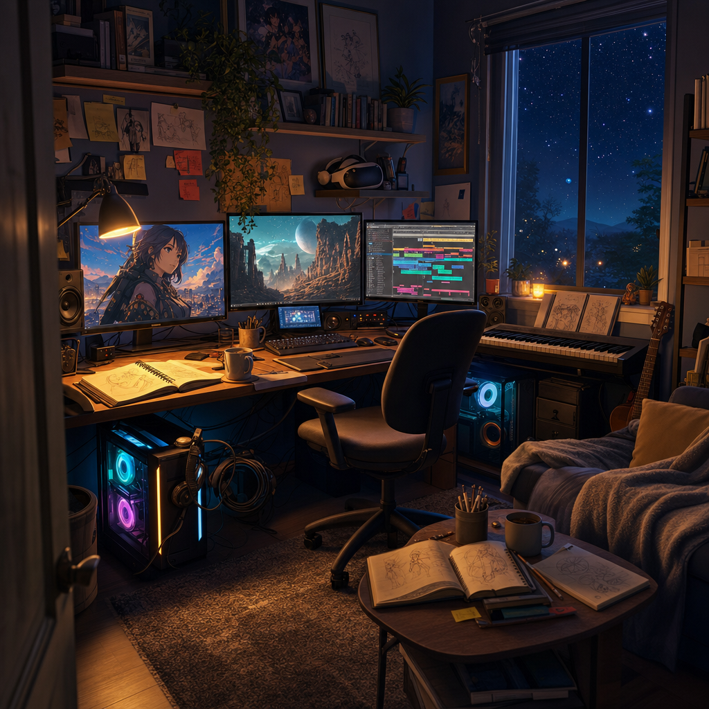 A cozy bedroom-sized home anime studio at night with glowing screens, a digital piano and a VR headset