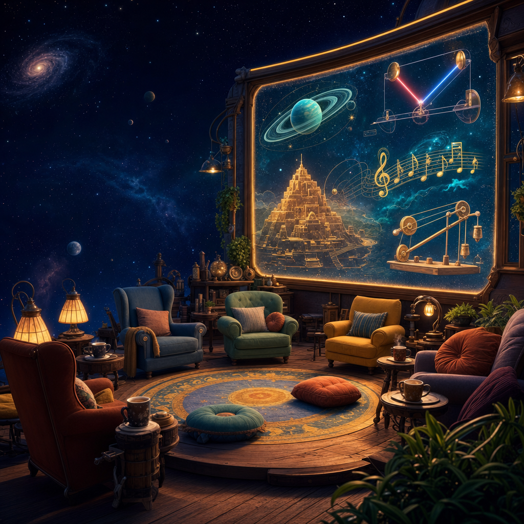 A warm cosmic classroom where a friendly teacher figure presents glowing panels about anime creation to a diverse audience