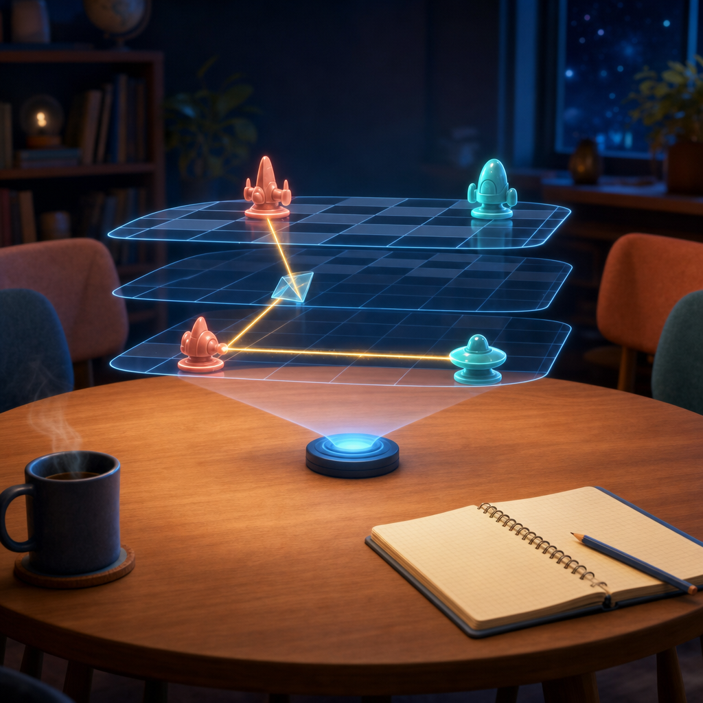 A glowing three-dimensional chess board floating in space, laser lines bouncing between mirrored pieces on stacked transparent planes