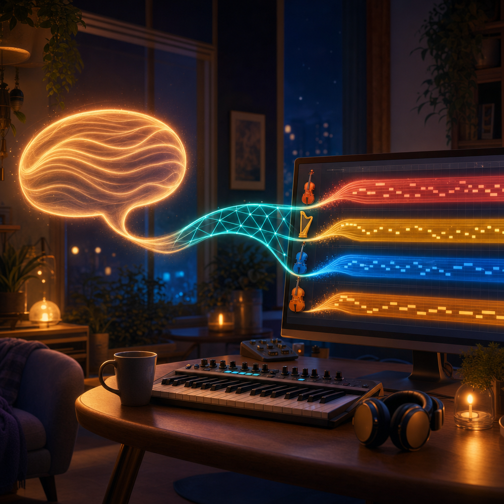 A plain-language request flowing as light into a computer and blossoming into four color-coded orchestral instrument tracks