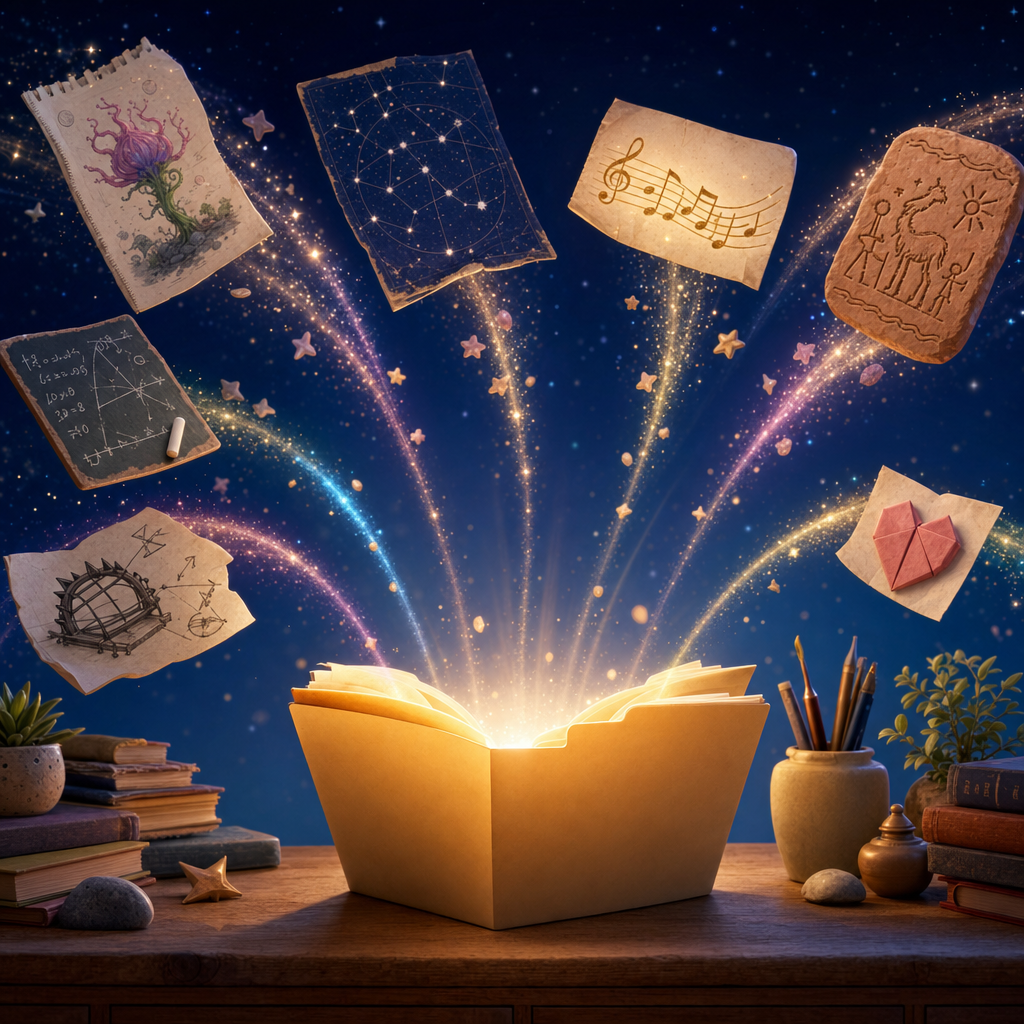 A stream of tiny creative gifts flying from every direction into one warm glowing folder on a desk