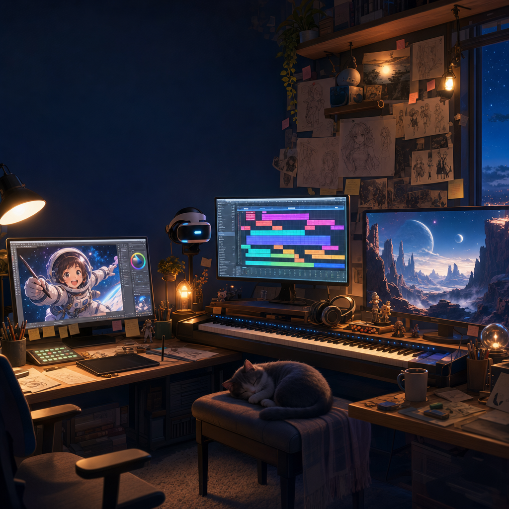 A glowing home anime workshop at night: screens showing an anime girl, an alien canyon and a music timeline, with a digital piano between them