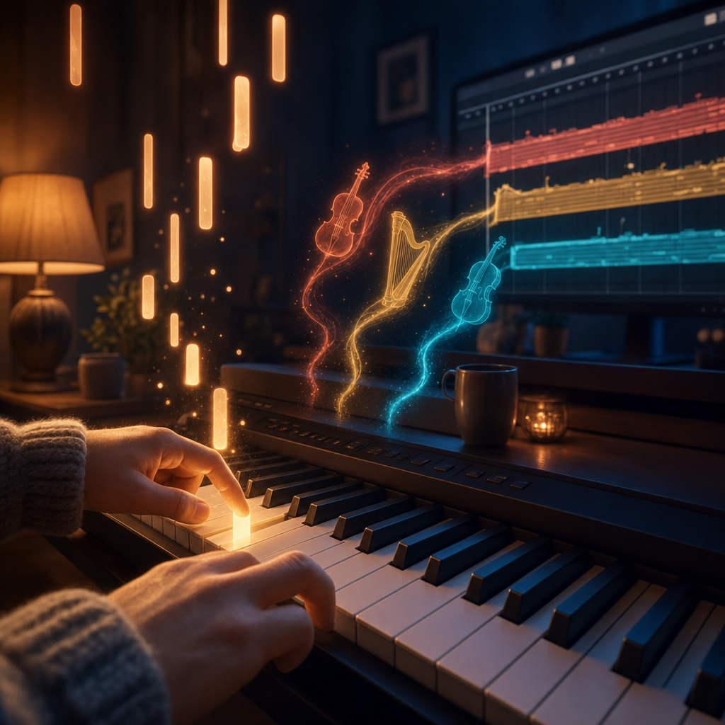 Beginner hands playing a digital piano with glowing falling note-bars, colored instrument trails rising toward a screen