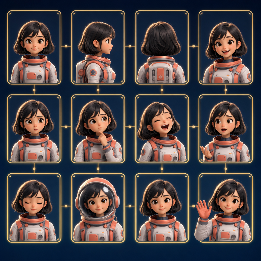 A reference sheet of the same anime astronaut girl in twelve consistent poses and expressions