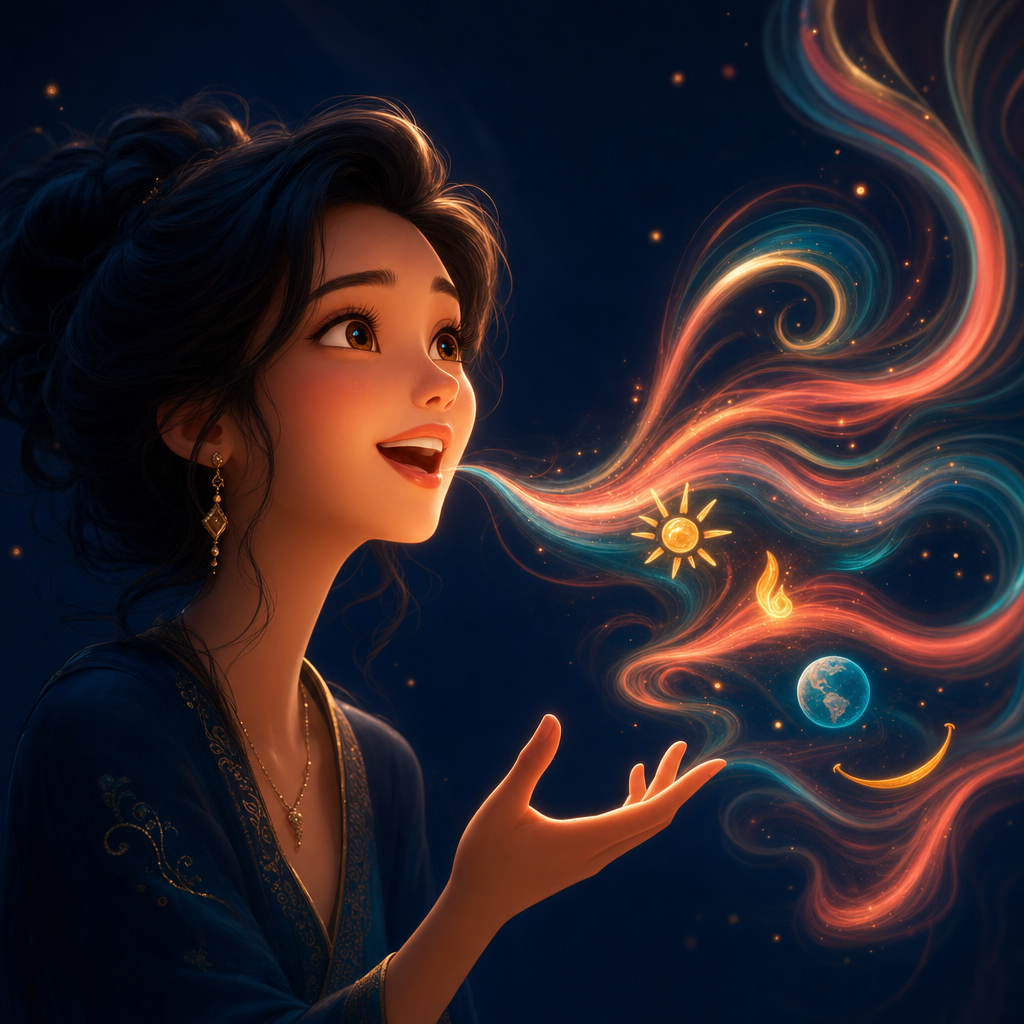 An anime woman speaking a glowing ribbon of visible sound decorated with small symbols for warmth and accent