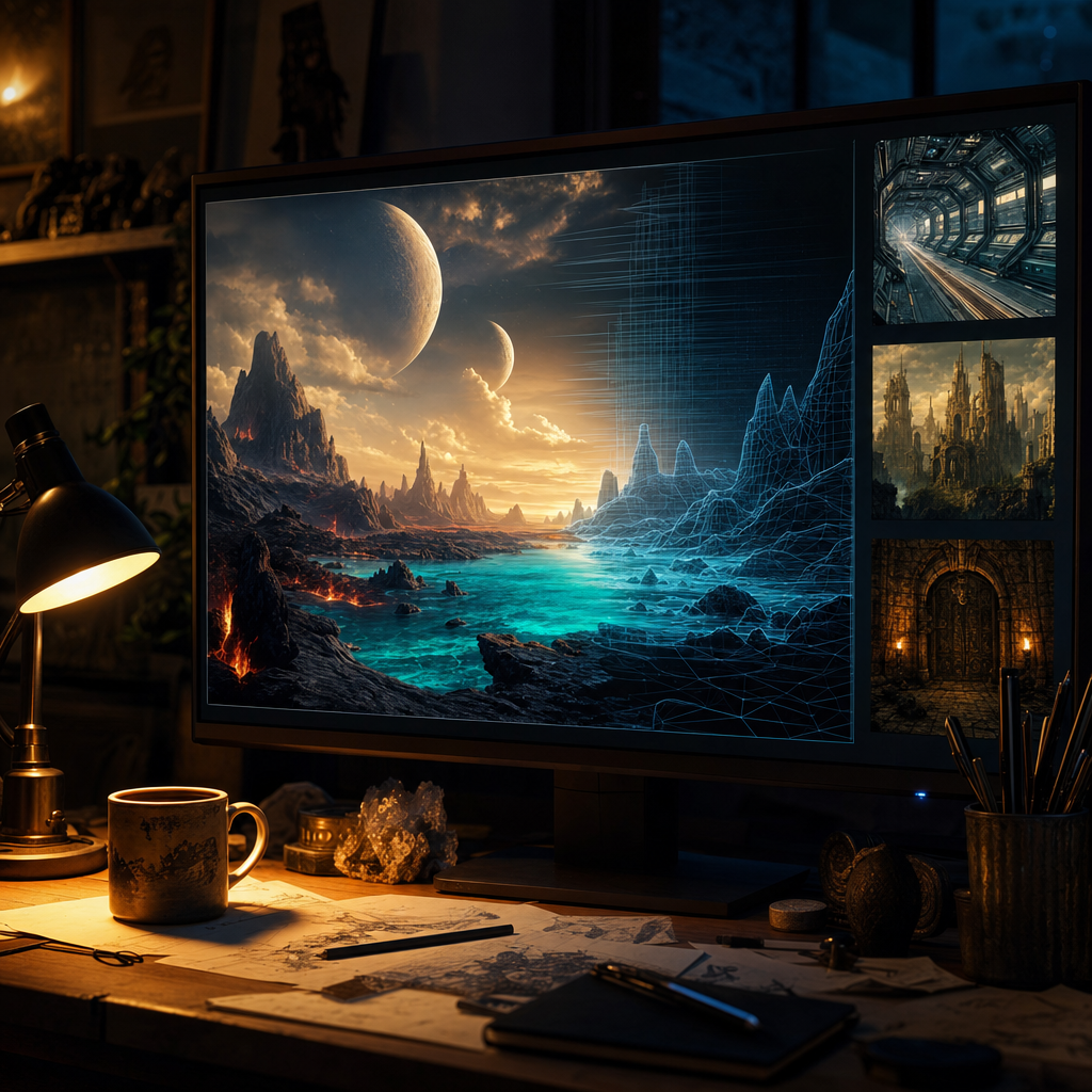 A monitor showing a photorealistic alien shore being painted into existence strip by strip