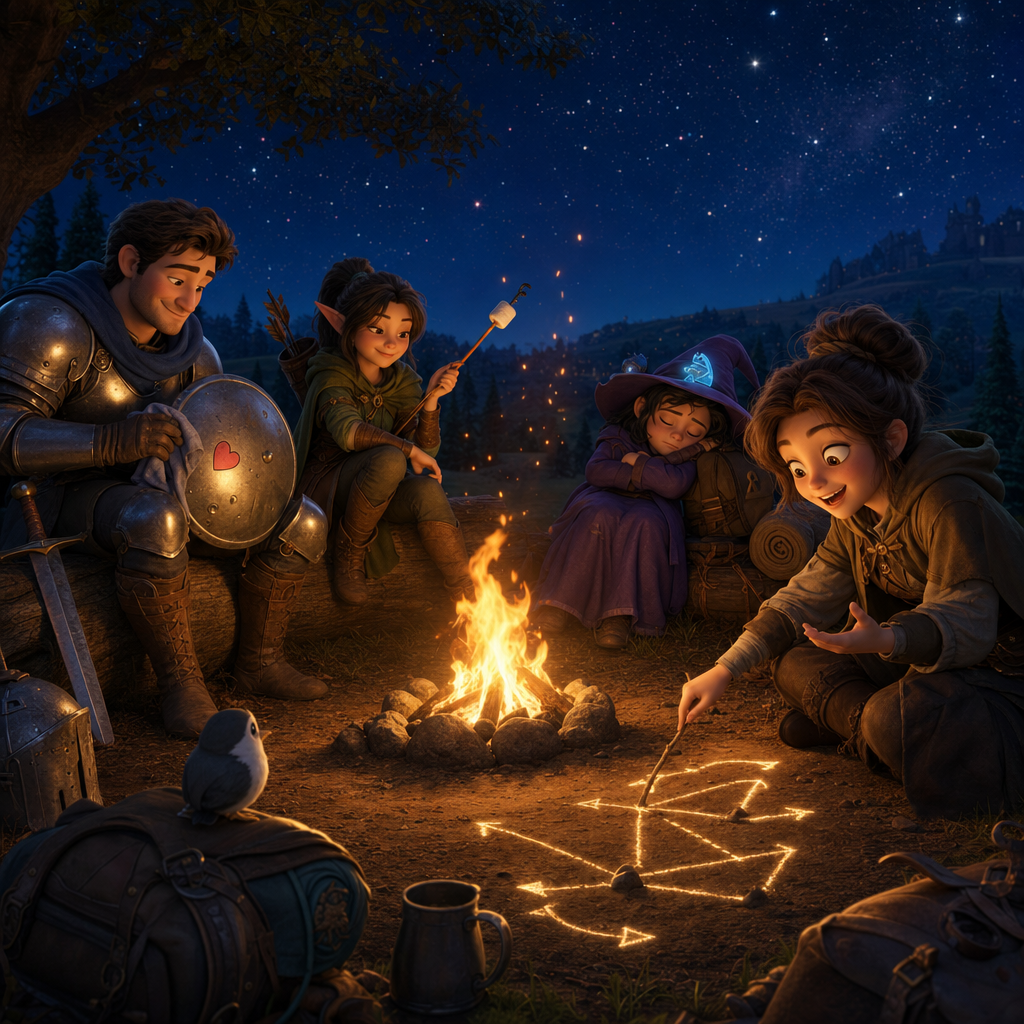 The party resting by a campfire while the scholar draws a glowing geometry diagram in the dirt