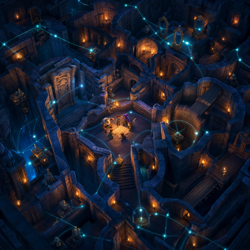 A top-down view of a vast dungeon quietly rearranging itself around a tiny arguing adventuring party