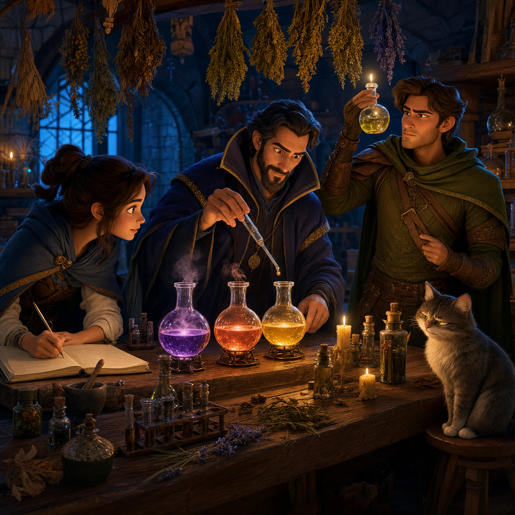 The mage carefully testing color-changing potions with a pipette while the scholar records results
