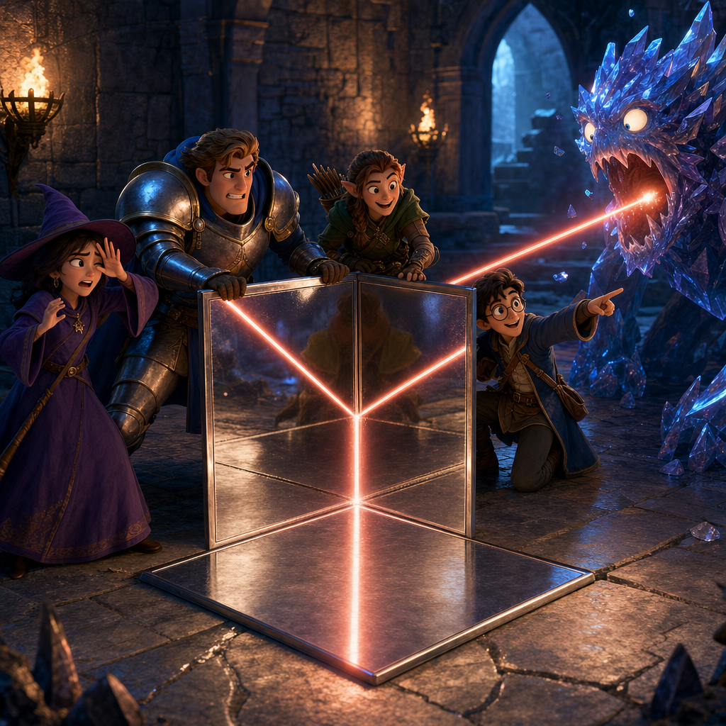 The party reflecting a monster's laser beam back at it using three metal tiles joined as a corner reflector