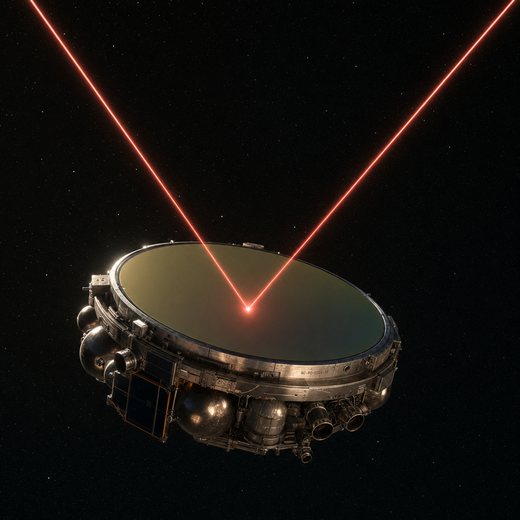 A single mirror-disc drone with a laser bouncing off it in a clean V shape, painted freehand by AI