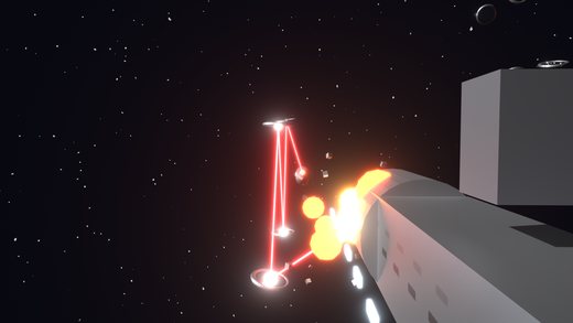 Defender point-of-view Blender render with the target ship's hull filling the frame and an explosion at the bow
