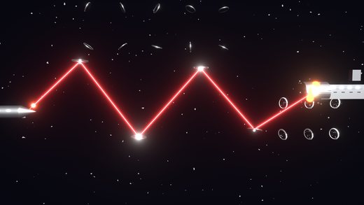 Wide shot Blender render of the laser bouncing in a W path between four drones toward an explosion on a target ship