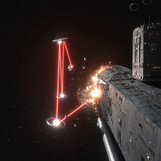 Cinematic repaint from the defender's point of view, close on the exploding target ship