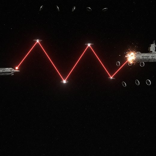 Cinematic repaint of the wide shot: a laser bouncing in a W path between two mirror drones toward an exploding ship