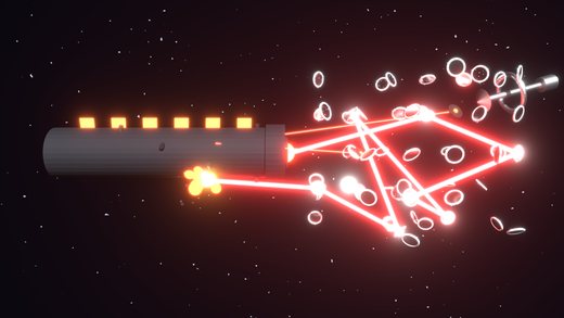 Dense Blender render of dozens of mirror drones scattered through space with a red laser threading a complex zigzag path between them
