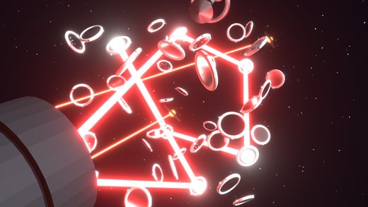 Close-up Blender render inside the dense drone cluster with several laser segments crossing