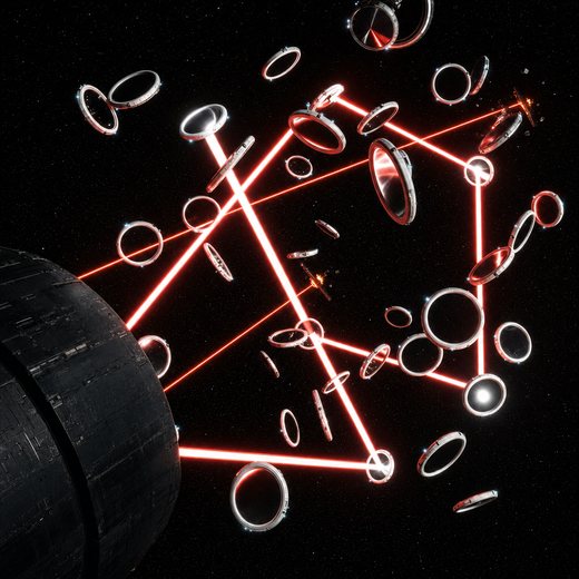 Cinematic repaint close to the dreadnought, laser beams crossing through the dense drone cluster