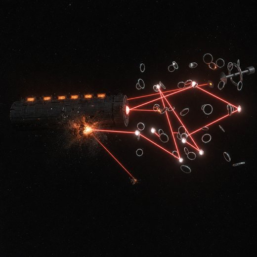 Cinematic repaint of the dense laser-chess board wide shot, dozens of drones and a real beam zigzag hitting an exploding dreadnought